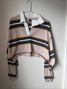BDG Cropped Rugby Pullover in Blush, Navy & Mustard